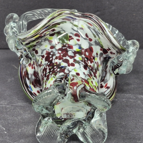 Multi Color Art Glass Basket With Applied Clear Glass Feet And Handle - Picture 6 of 6
